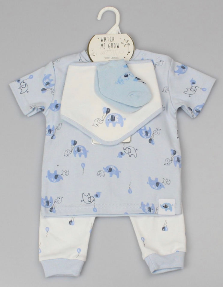 Ivory & B/Blue Elephant 4PC Layette