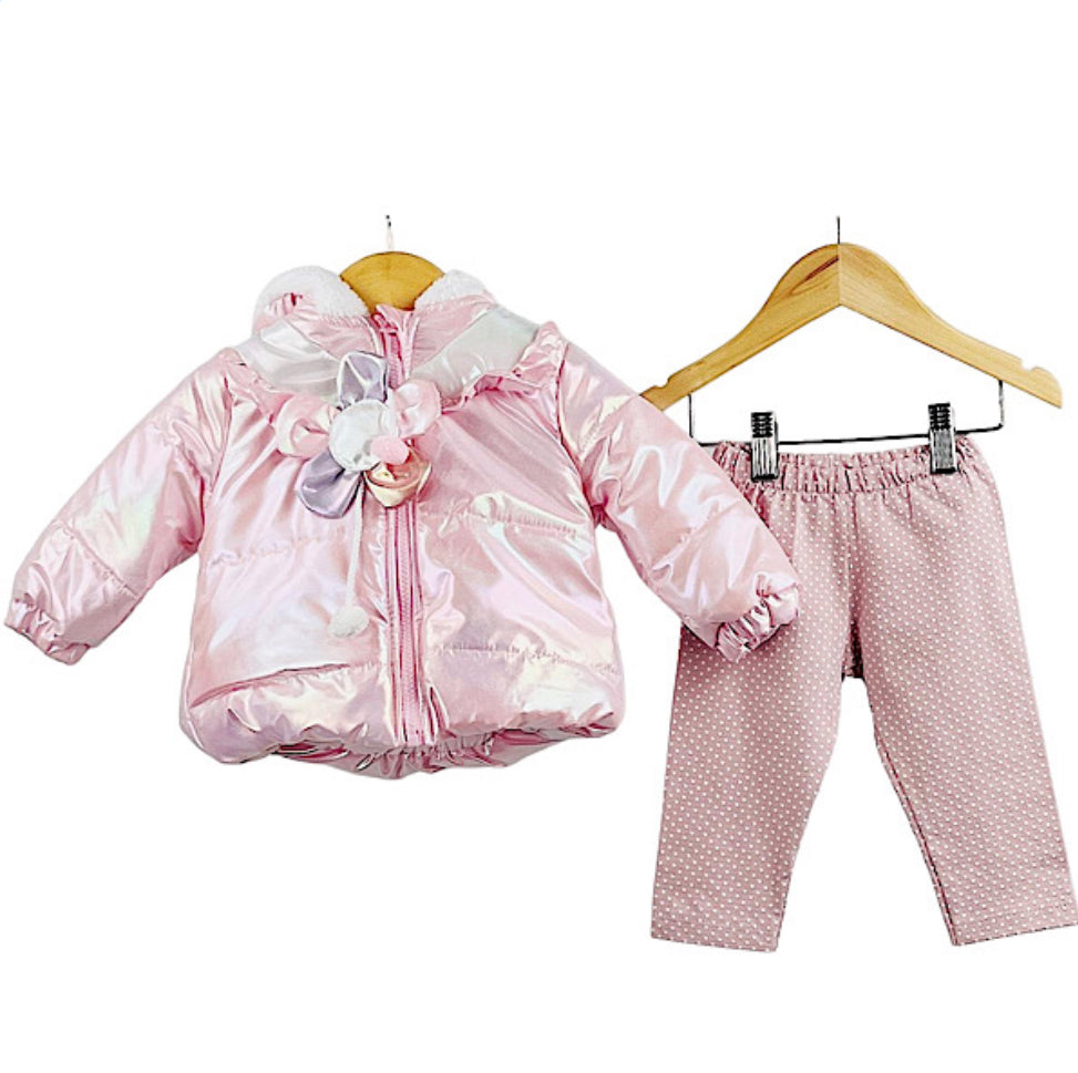 B/Pink Padded Floral Jacket & Polka Leggings 9-24M
