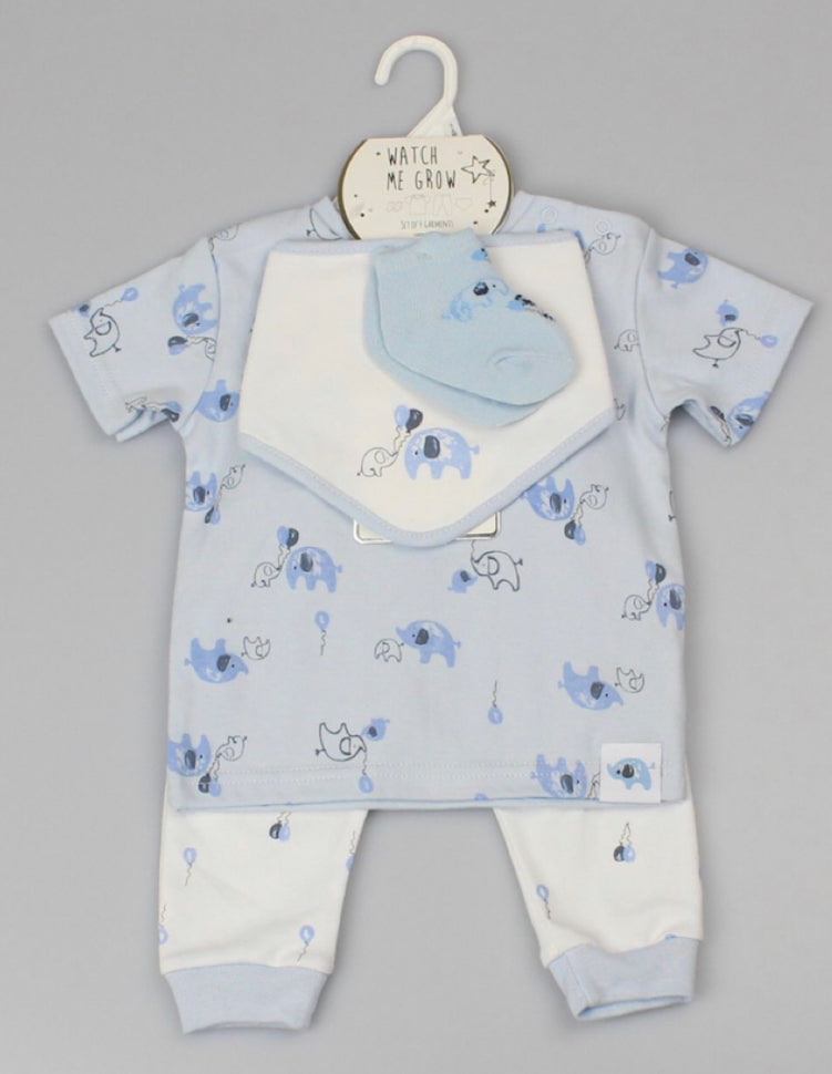 Ivory & B/Blue Elephant 4PC Layette Set 0-6M