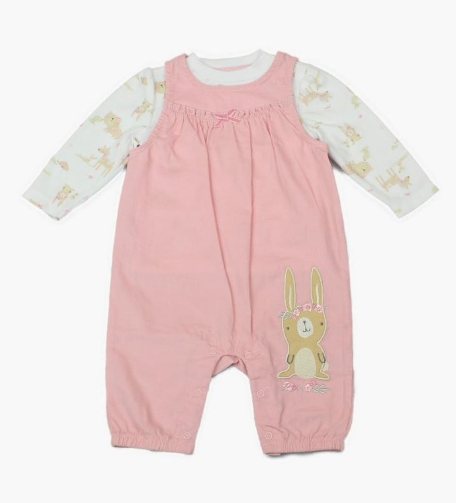 B/Pink Bunny Pinafore Romper Set 0-9M