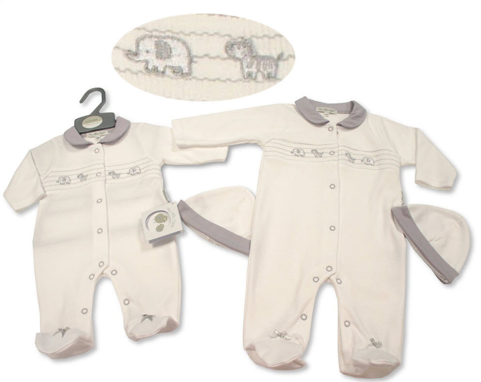 Ivory & Grey Smocked Animal Sleepsuit & Hat NB-6M