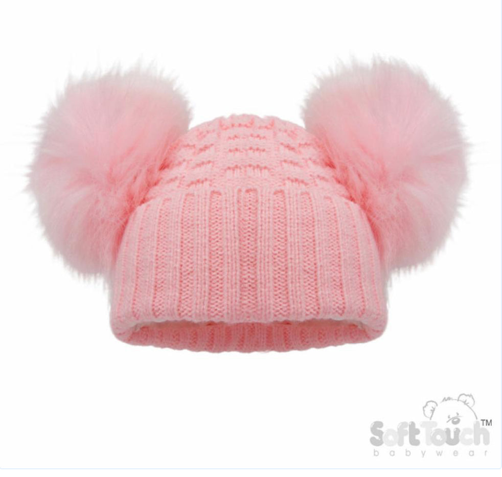 B/Pink Check Knitted PomPom Hat NB-12M