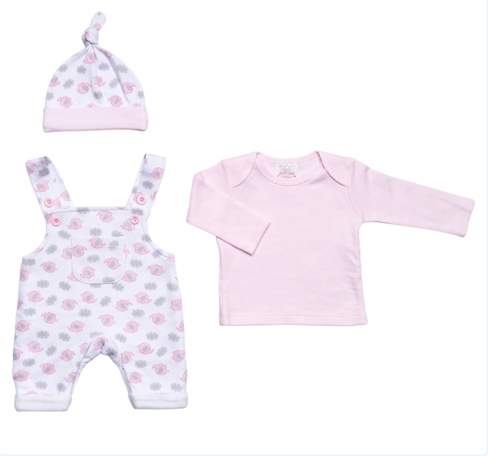 B/Pink & White Elephant 3PC Dungaree Set 3-8lbs