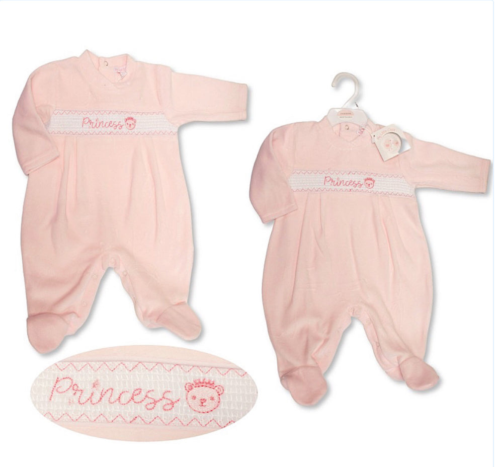 Baby Pink Velour Princess Motif Baby Grow