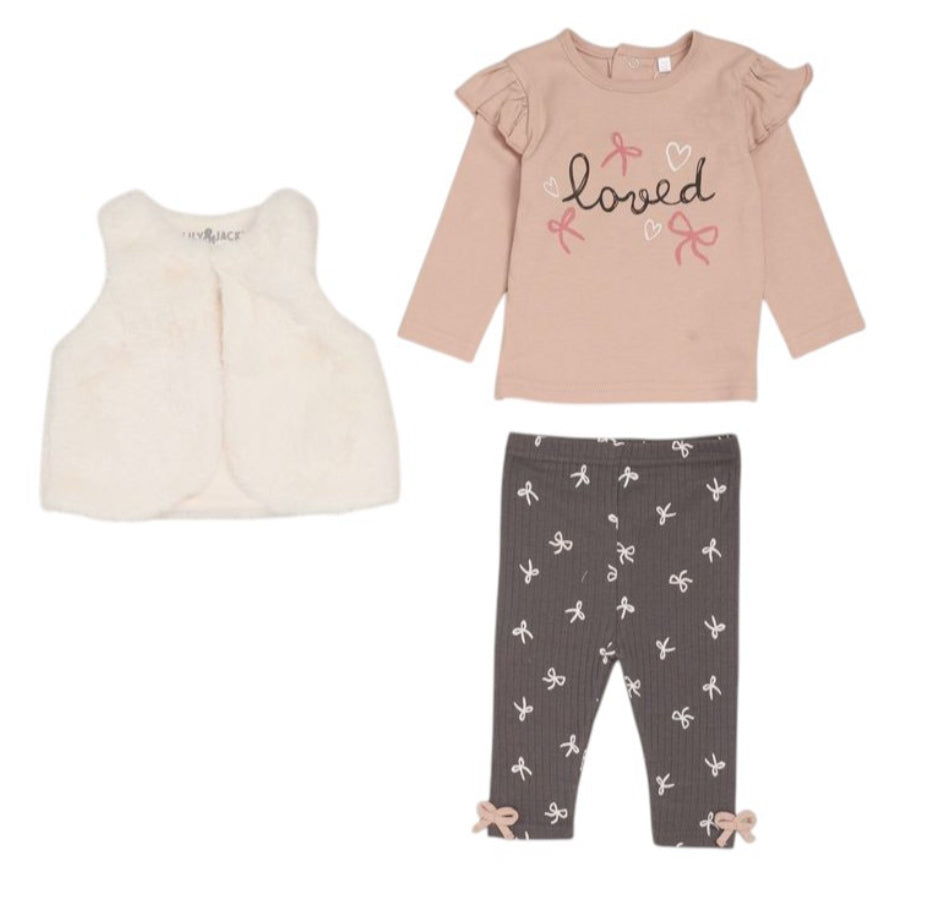 Baby 3pc 'Loved' Motif Top Gillet Set 12-24 Months
