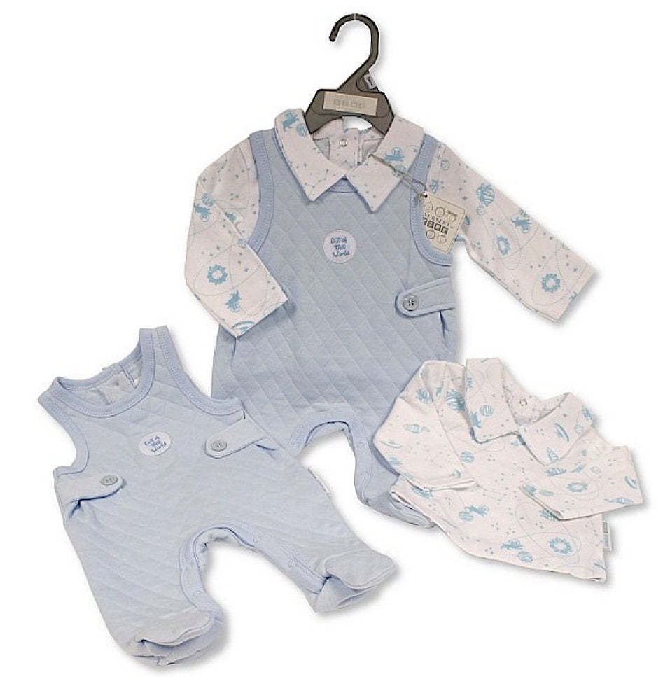 B/Blue & Ivory Quilted Dungaree & Shirt Set NB-6M