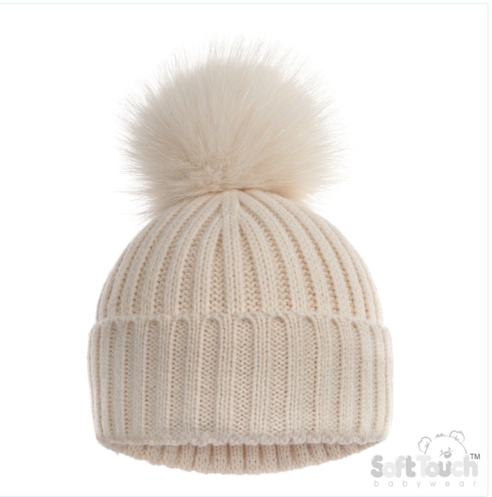 Beige Elegance Ribbed Hat With Glitter Pom Pom NB-12 Months