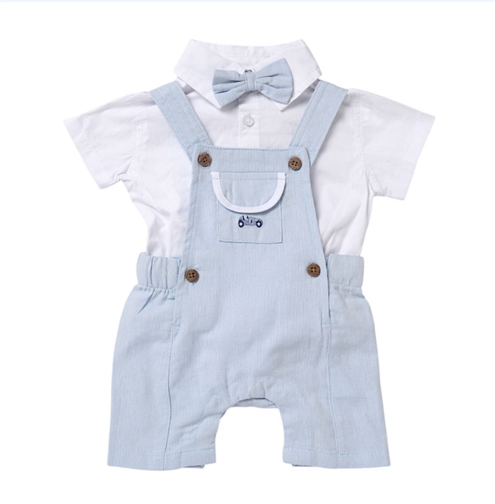 Blue & White Car Print Bow Dungaree Outfit