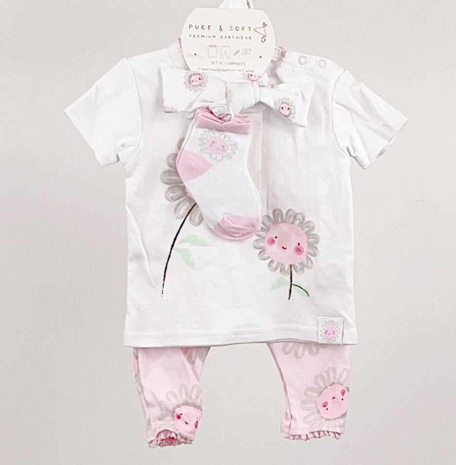 White & Pink Floral Print 4PC
Layette Set 0-6M