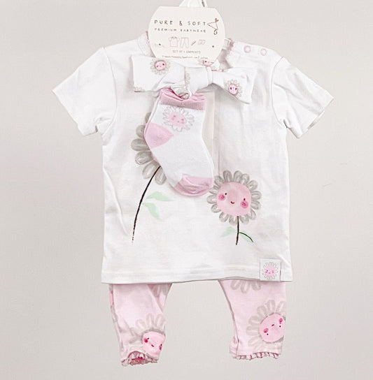 White & Pink Floral Print 4PC
Layette Set 0-6M