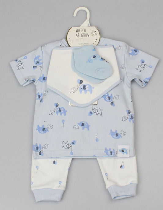 Ivory & B/Blue Elephant 4PC Layette Set 0-6M