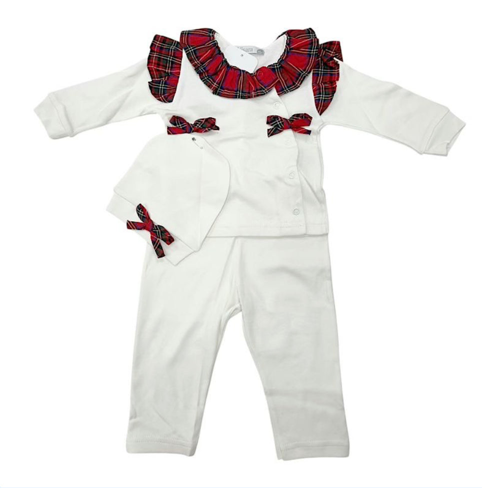 Babies Ivory & Red Tartan Bow 3pc Set 0-9M