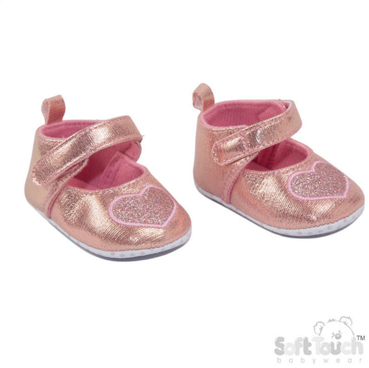 Pink Glitter Heart Strap Shoes