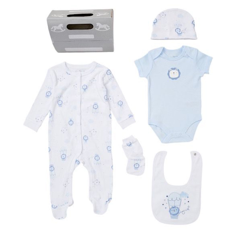 Ivory/Blue Lion Balloon 5PC Layette Set NB-6M