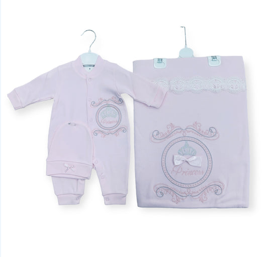 Pink Princess 3PC Layette & Blanket Set 0-3M