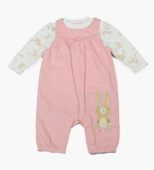 B/Pink Bunny Pinafore Romper Set 0-9M