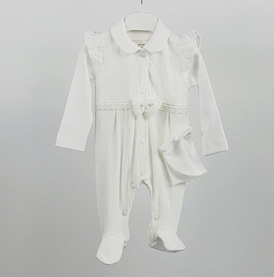 White Laser Floral & Bow Sleepsuit & Hat Set 0-9M