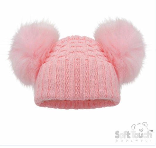 B/Pink Check Knitted PomPom Hat NB-12M