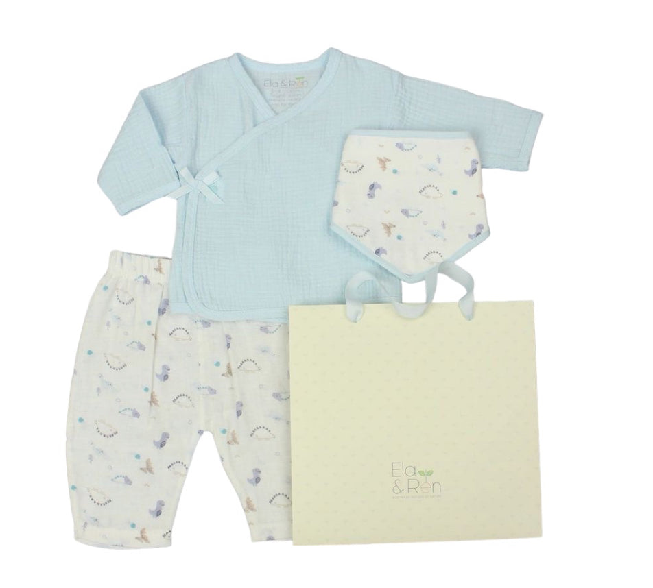 Sky Blue Dinosaur Motif 4pc Muslin Layette Set