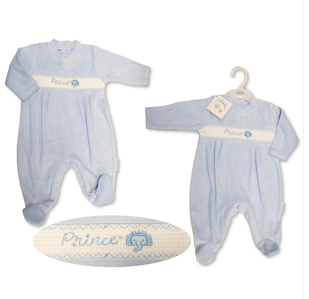 Baby Blue Velour Prince Motif Baby Grow NB-6M