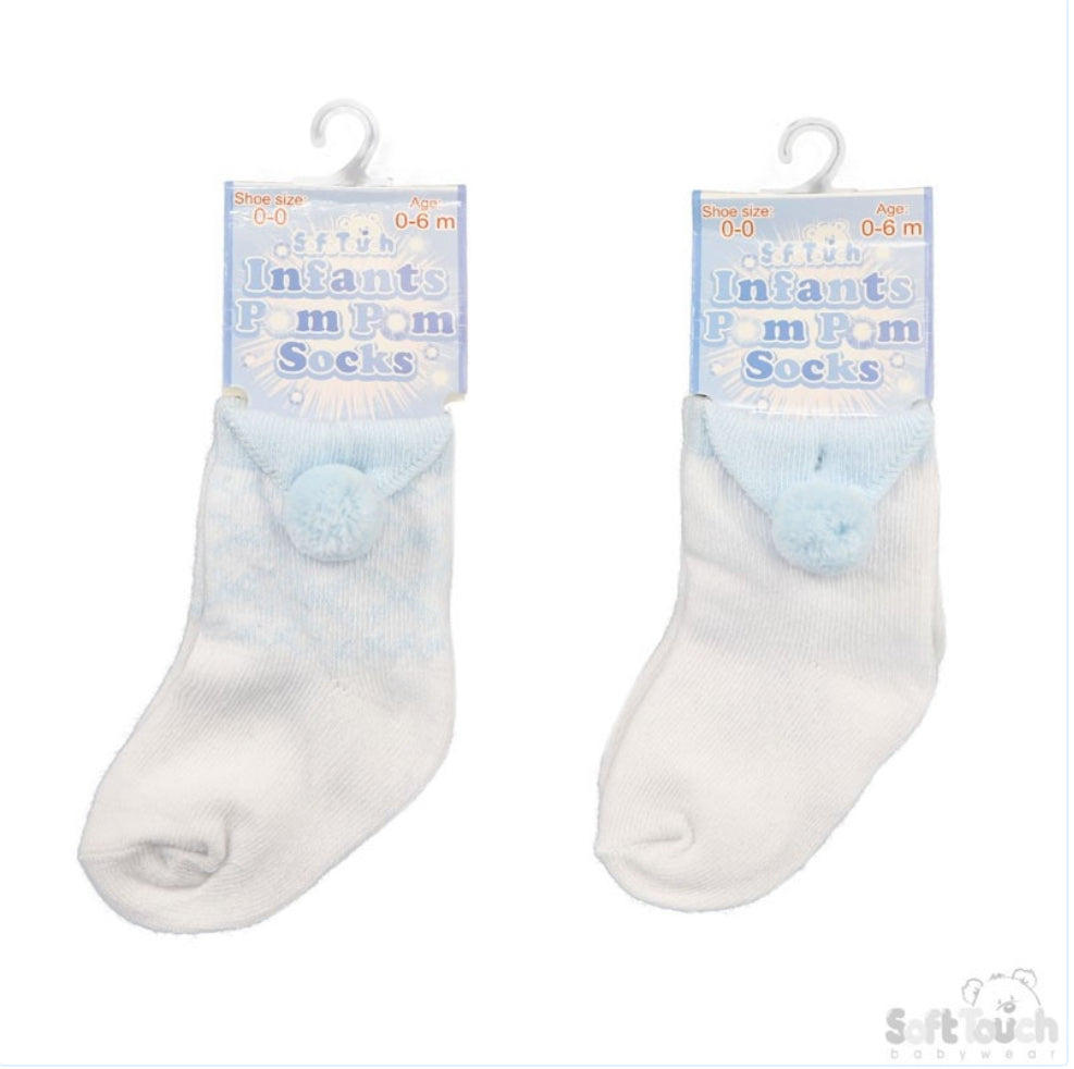 Blue & White Pom Pom Socks 0-24M