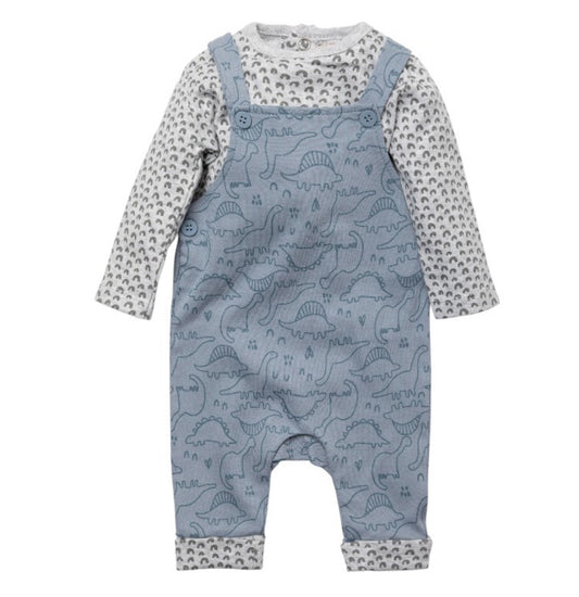 S/Blue Dinosaur Dungaree 2PC Set 0-12M