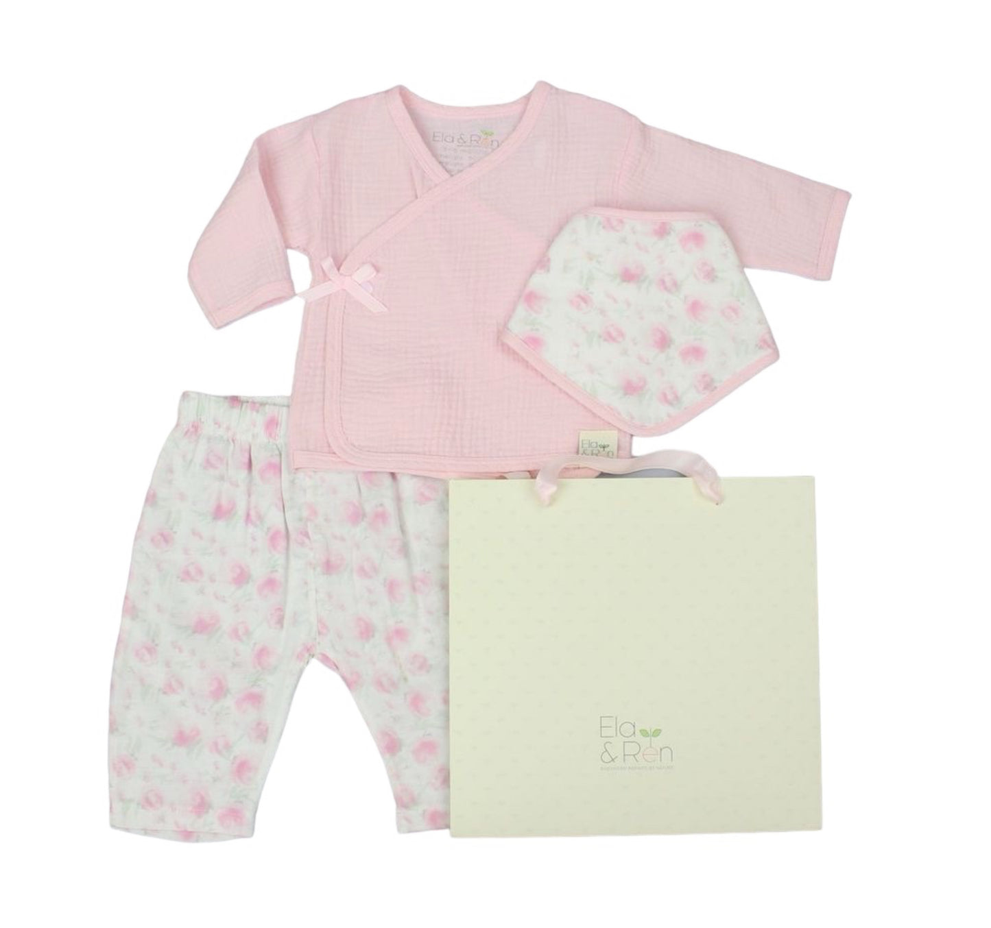 Rose Floral Motif 4pc Muslin Layette Set