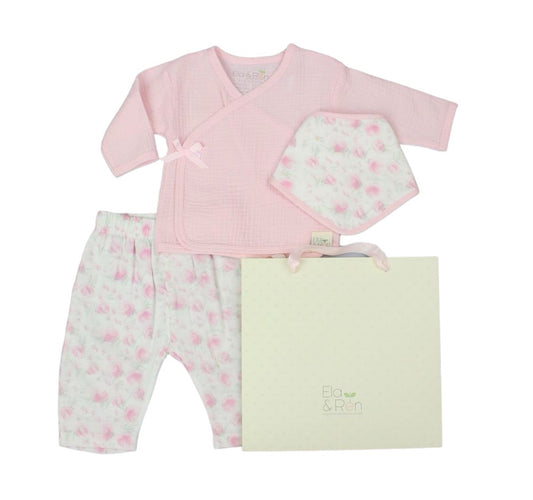 Rose Floral Motif 4pc Muslin Layette Set