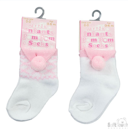 Pink & White Pom Pom Socks 0-24M