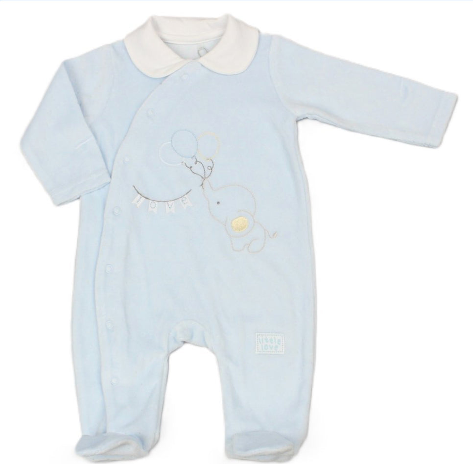 Baby Blue Boys Elephant 'Love' Embroidered Velour All In One 0-9M