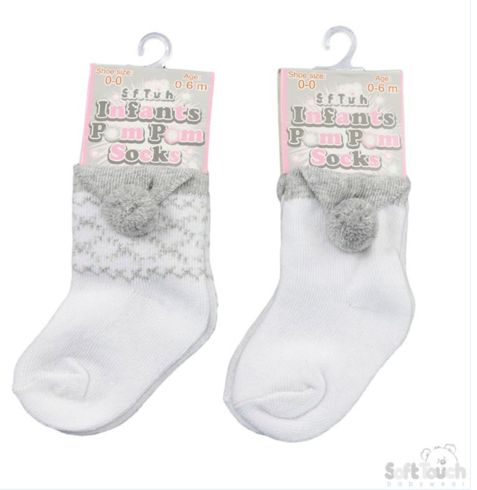 Grey & White Pom Pom Socks 0-24 months