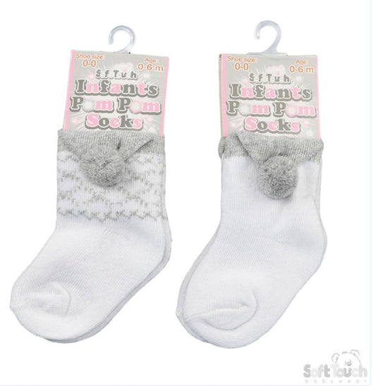 Grey & White Pom Pom Socks 0-24 months