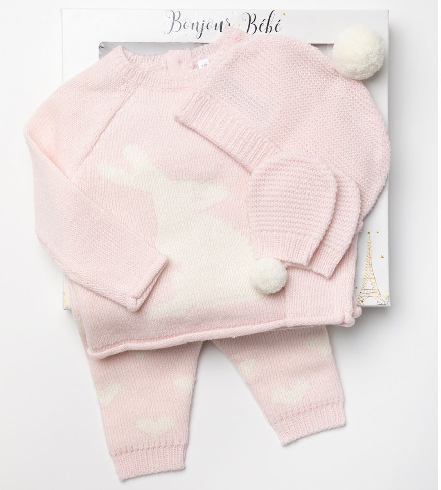 B/Pink & Ivory Bunny Knitted 4PC Layette Gift Set NB-6M