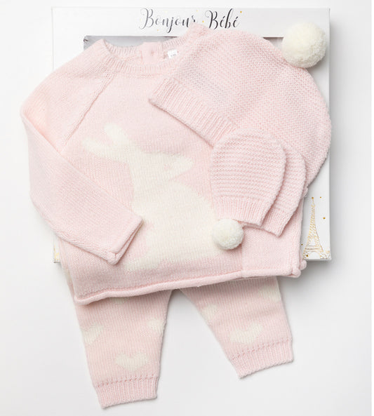 B/Pink & Ivory Bunny Knitted 4PC Layette Gift Set NB-6M