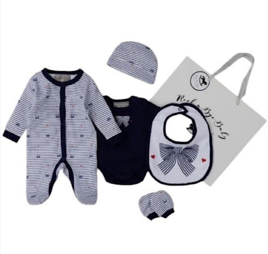 Navy Striped Bow 5PC Layette Gift Set NB-6M