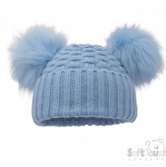 B/Blue Check Knitted PomPom Hat NB-12M