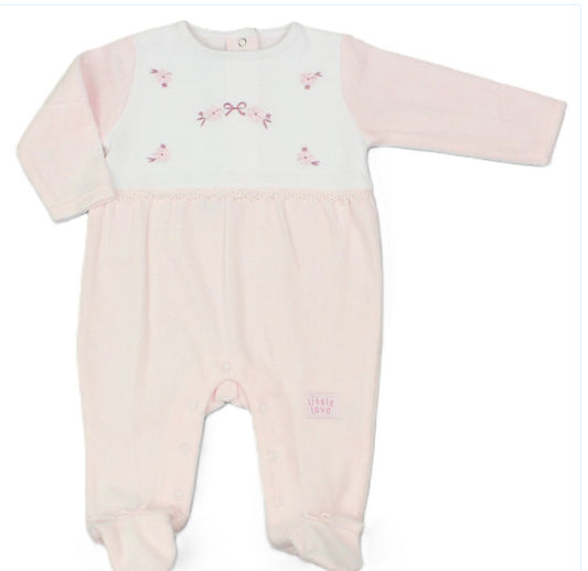 Baby Pink Girls Floral Bow Embroidered Velour All In One 0-9M