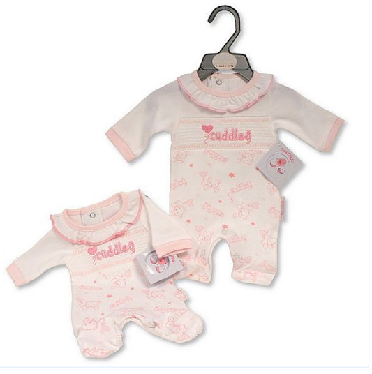 Pink/White Smocked Cuddles Sleepsuit 3-8lbs