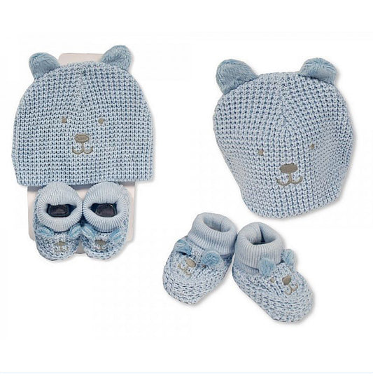 Baby Blue Teddy Bear Knitted Hat & Booties Set