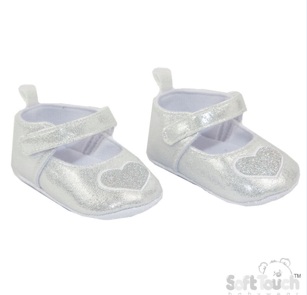 Silver Glitter Heart Strap Shoes 0-12M