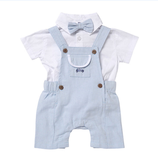 Blue & White Car Print Bow Dungaree Outfit